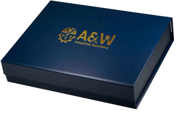 Navy rigid corporate gift box with a gold foil logo