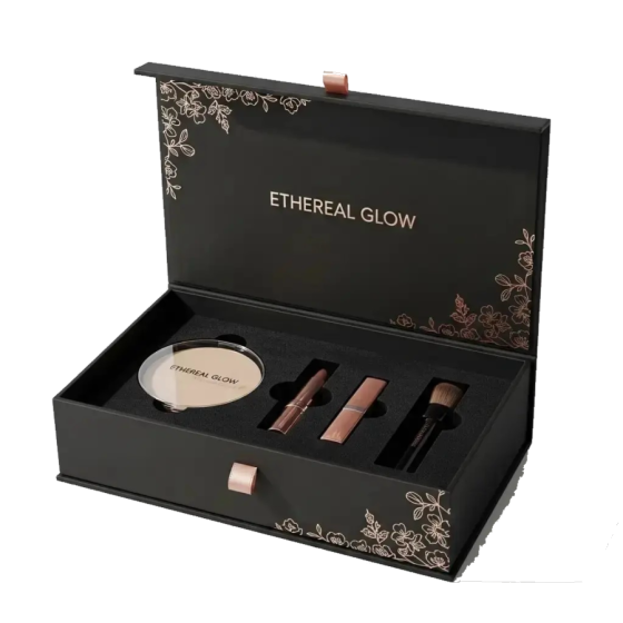 Black rigid cosmetic box open, with a make-up set in a fitted insert