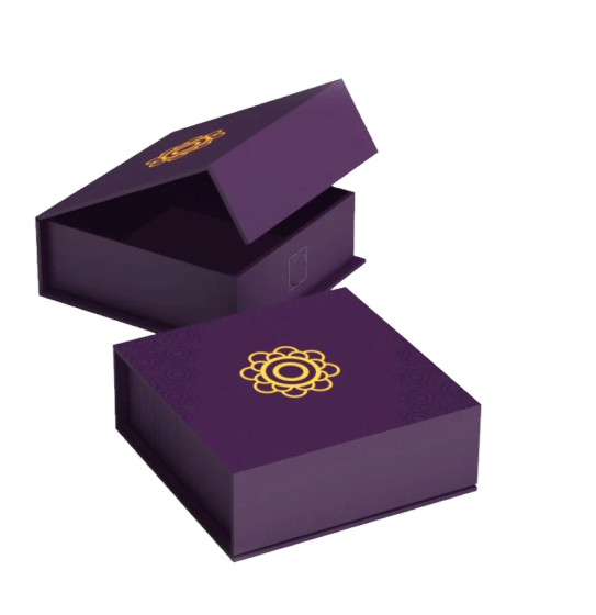 Purple rigid boxes with a gold foil emblem