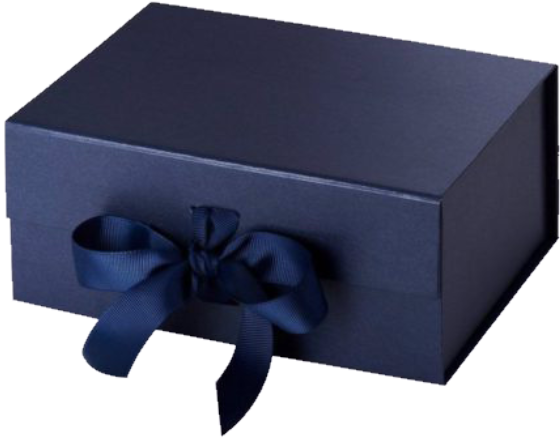 Navy rigid apparel box tied with a satin ribbon